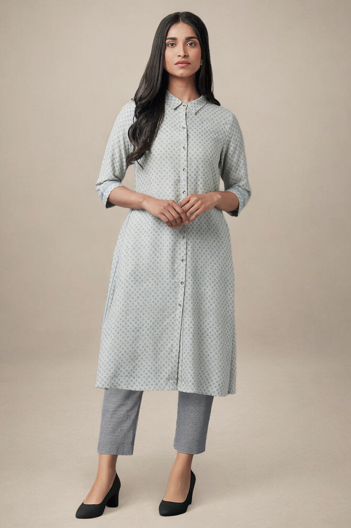 W for Woman Grey Printed Rayon A-line Shirt Kurta and Slim Pant Set