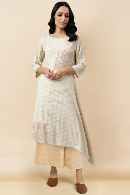 W for Woman Beige Rayon Flared Kurta and Parallel Pant Set
