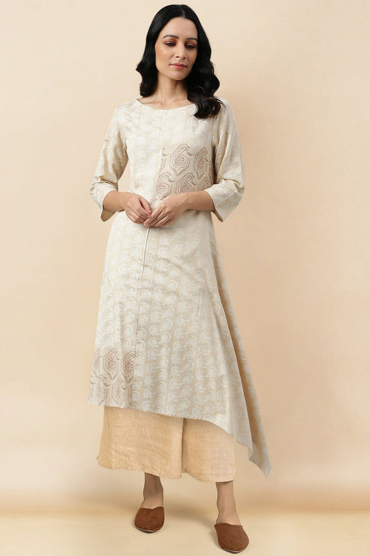 W for Woman Beige Rayon Flared Kurta and Parallel Pant Set