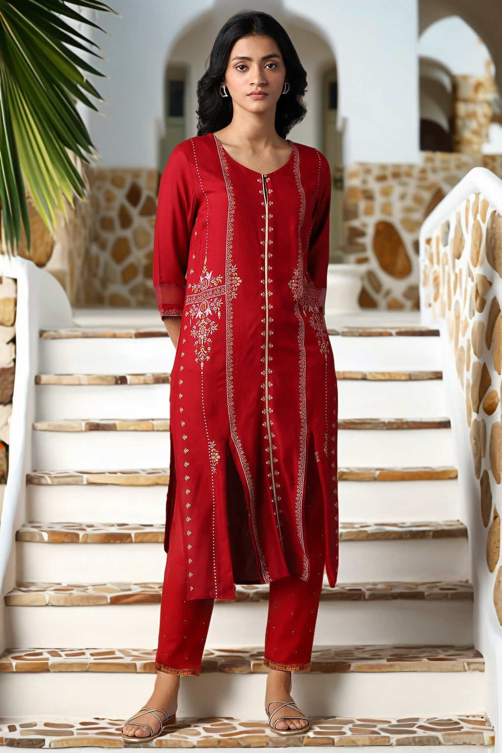 W for Woman Red Straight Kurta and Slim Pant Set
