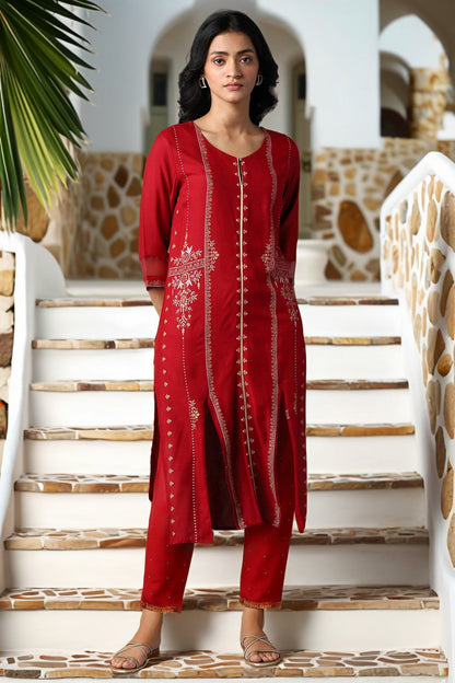 W for Woman Red Straight Kurta and Slim Pant Set