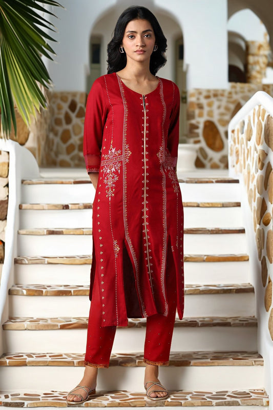 W for Woman Red Straight Kurta and Slim Pant Set