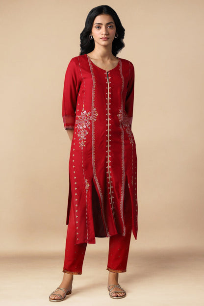 W for Woman Red Straight Kurta and Slim Pant Set