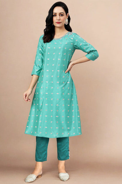 W for Woman Green Thread Embroidery A-line Kurta and Slim Pant Set