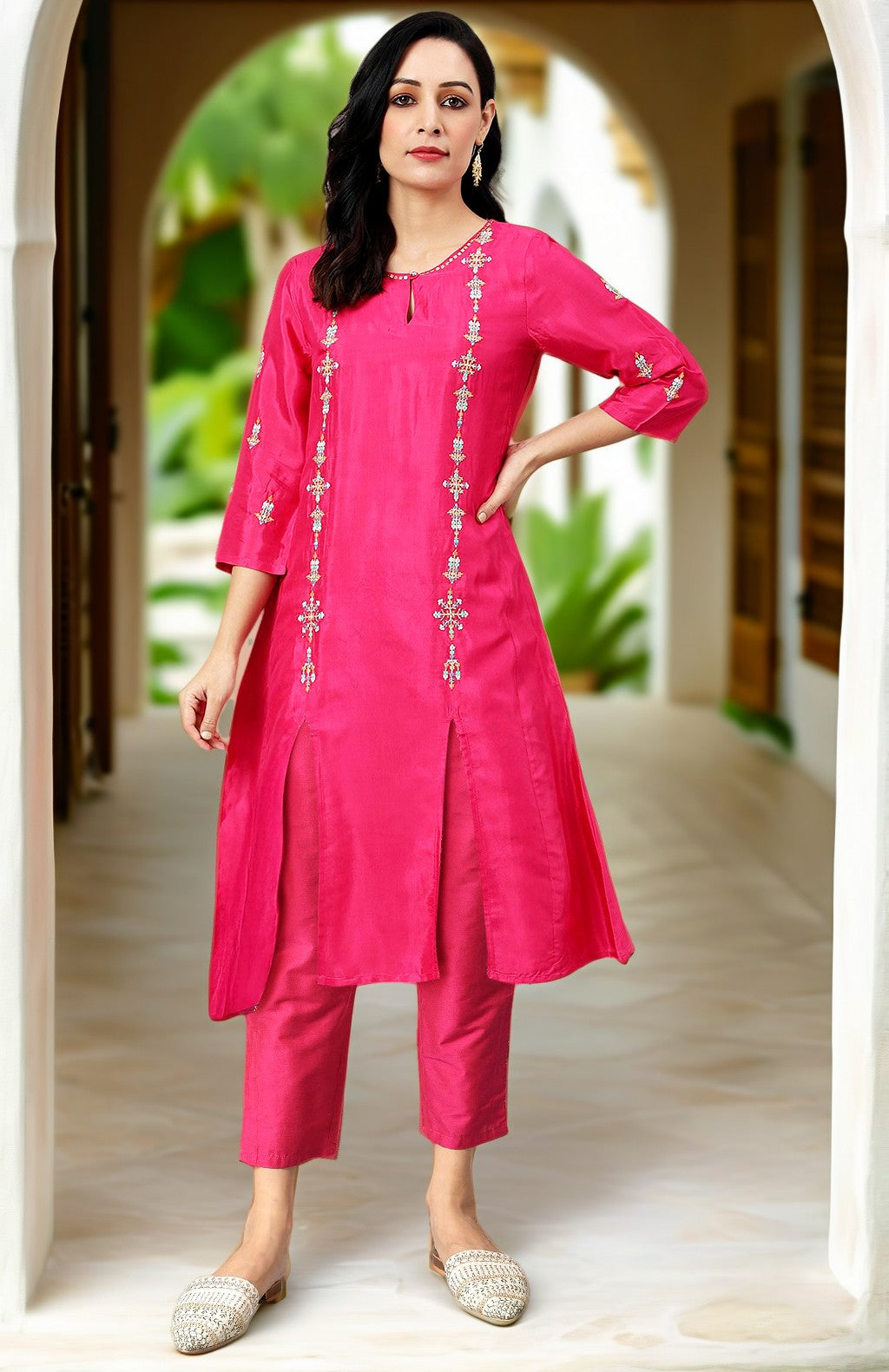 W for Woman Pink Thread Embroidery Straight Kurta and Slim Pant Set