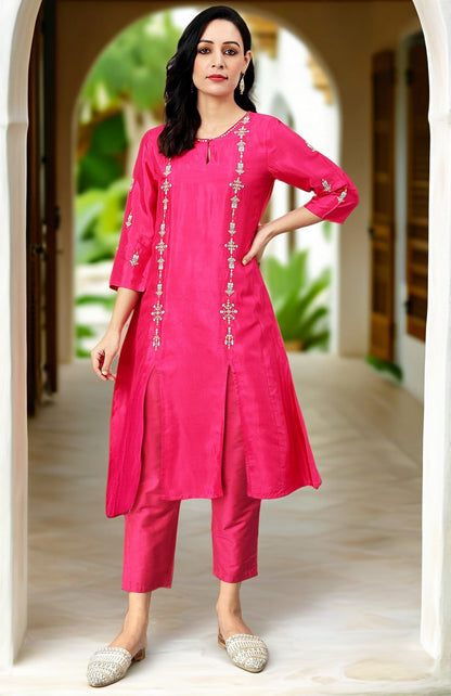 W for Woman Pink Thread Embroidery Straight Kurta and Slim Pant Set