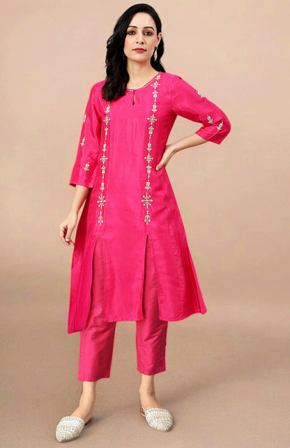 W for Woman Pink Thread Embroidery Straight Kurta and Slim Pant Set