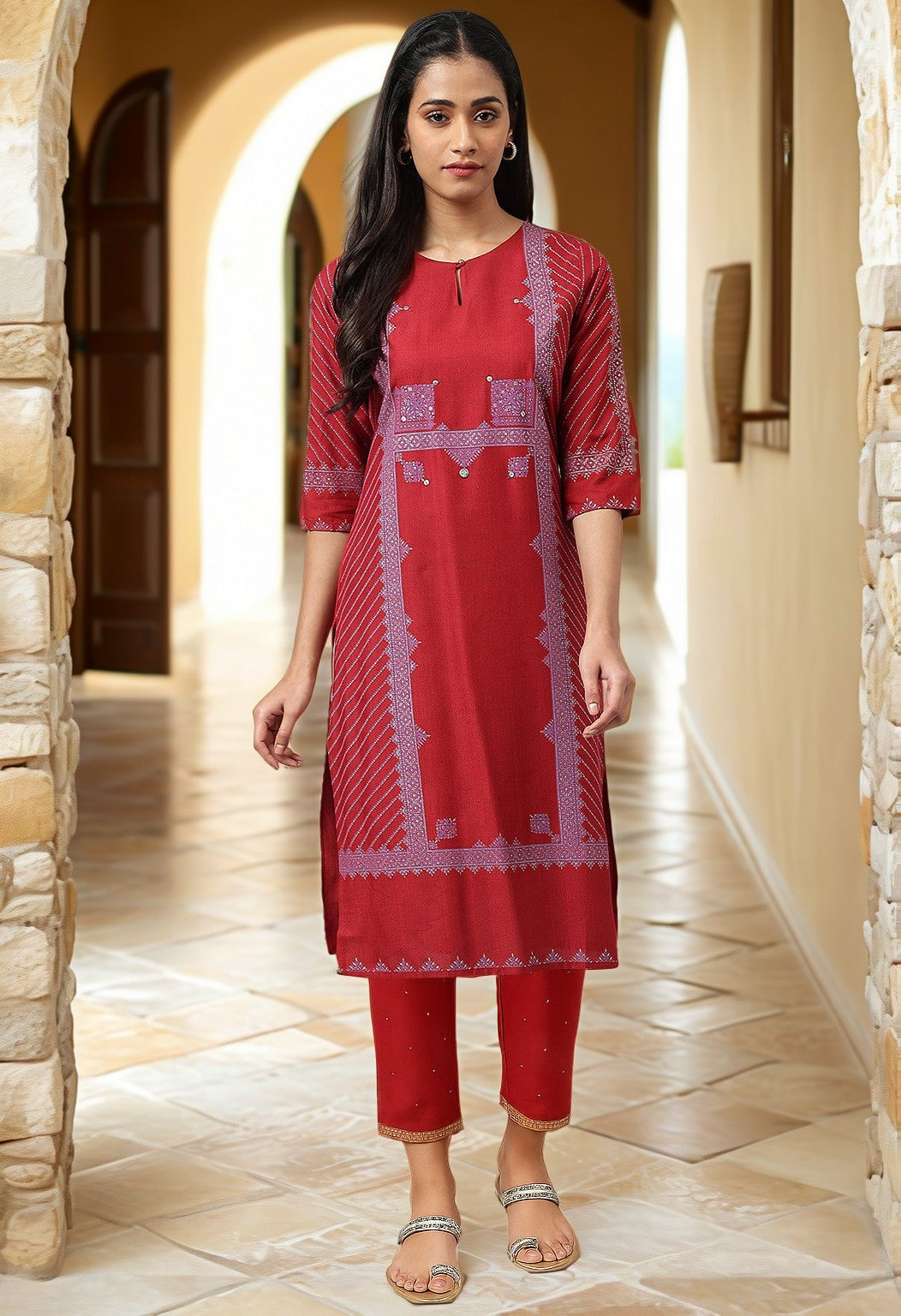 W for Woman Red Sequins A-line Kurta and Slim Pant Set