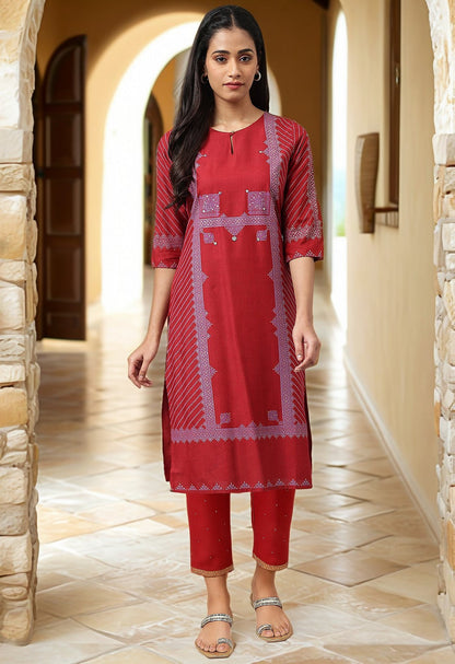 W for Woman Red Sequins A-line Kurta and Slim Pant Set