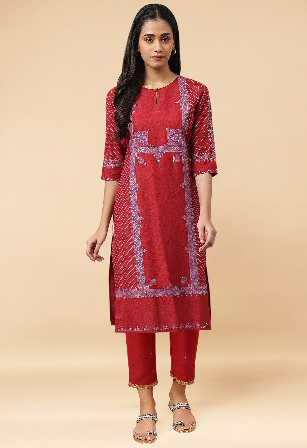 W for Woman Red Sequins A-line Kurta and Slim Pant Set