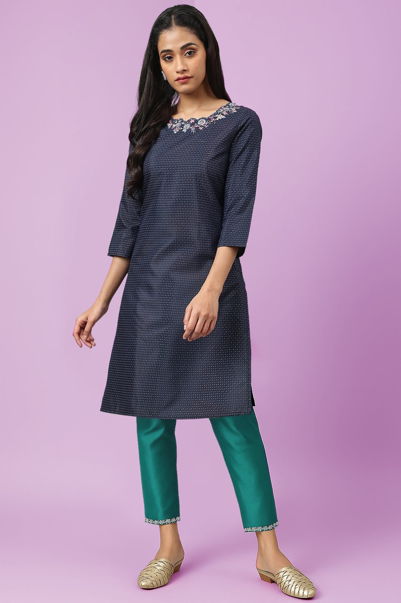 W for Woman Dark Blue Geometric Printed Shantung straight Kurta with Slim Pant Set