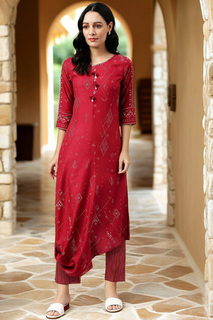 W for Woman Maroon Shells A-line Kurta and Parallel Pant Set