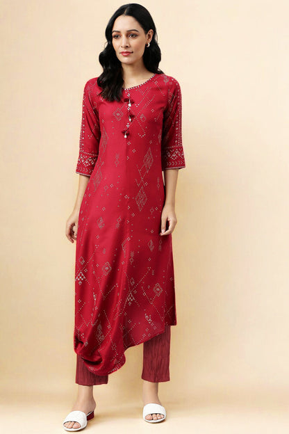 W for Woman Maroon Shells A-line Kurta and Parallel Pant Set