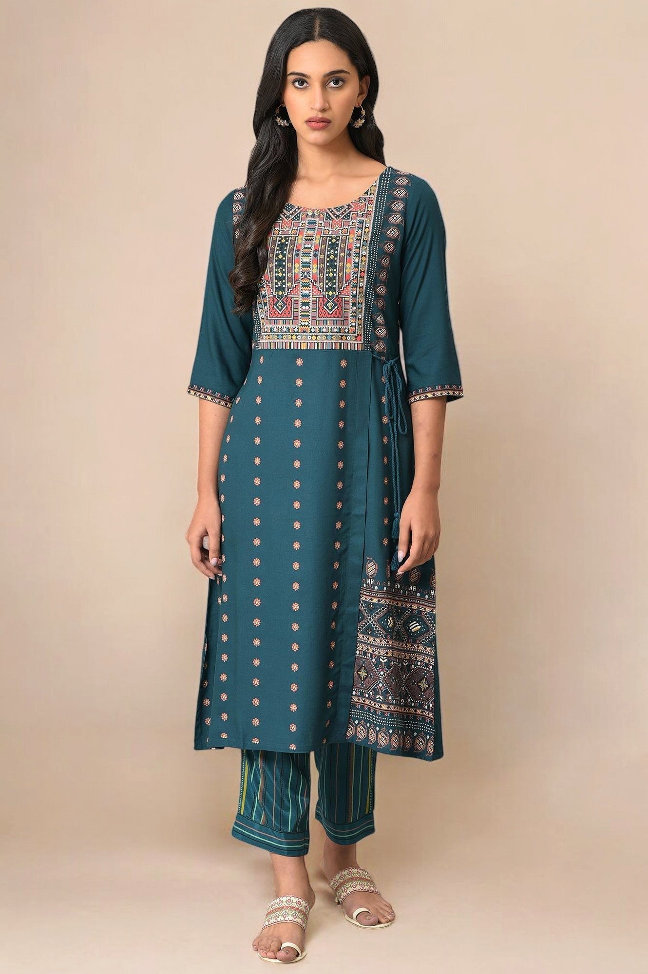 W for Woman Teal Coins A-line Kurta and Slim Pant Set