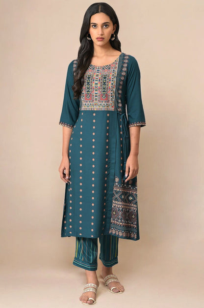 W for Woman Teal Coins A-line Kurta and Slim Pant Set