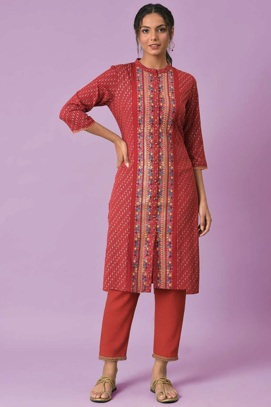 W for Woman Red Geometric Printed American Crepe Straight Kurta with Slim Pant Set