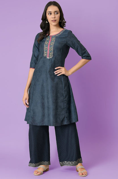 W for Woman Dark Blue Polka Dots Printed Shantung A-Line Kurta with Parallel Pant Set