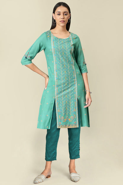 W for Woman Green Metallic Embroidery Straight Kurta and Slim Pant Set