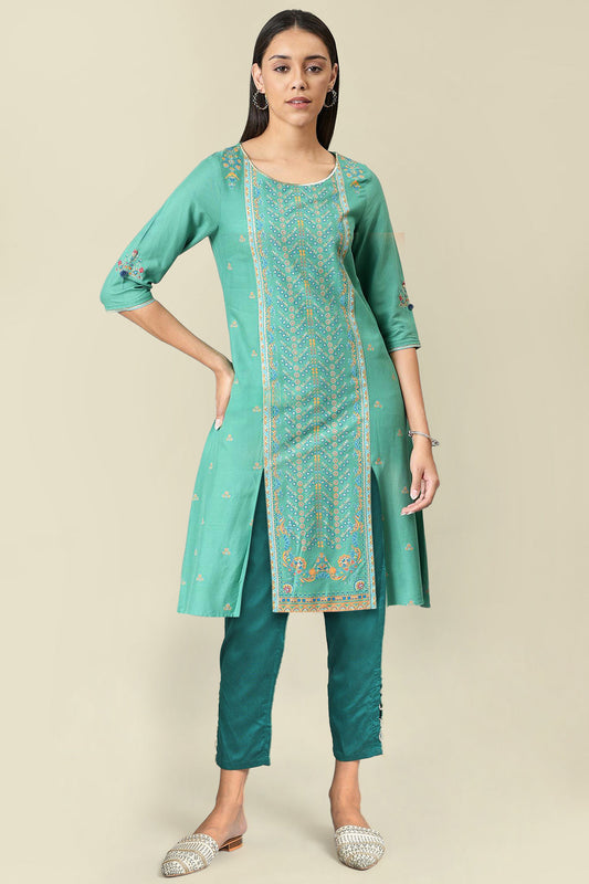 W for Woman Green Metallic Embroidery Straight Kurta and Slim Pant Set