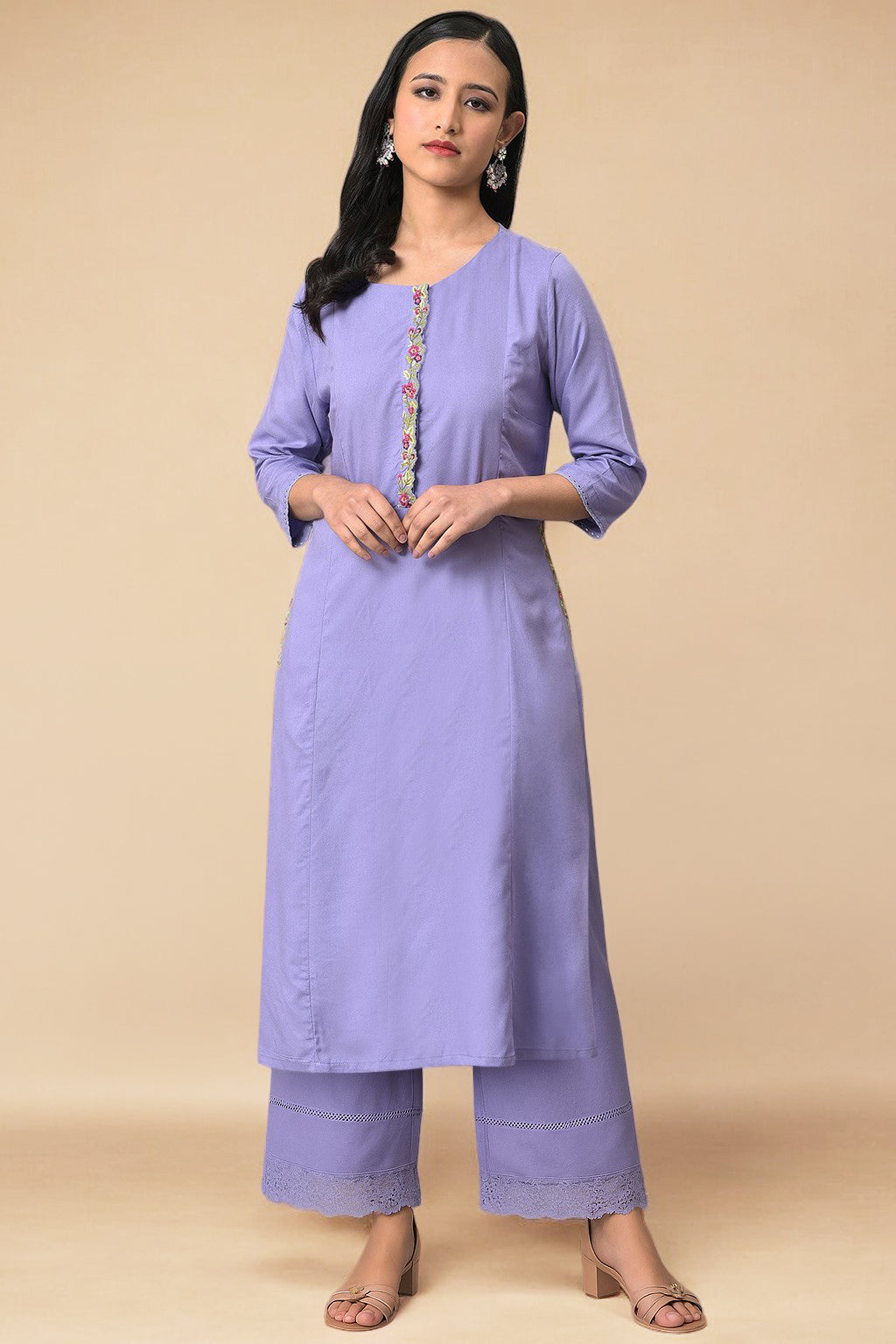 W for Woman Purple Thread Embroidery A-line Kurta and Parallel Pant Set