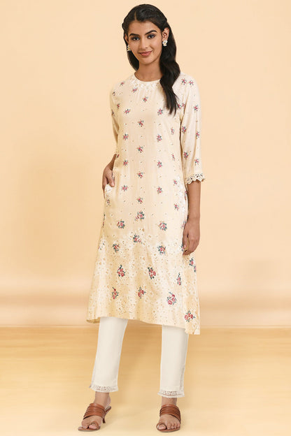 W for Woman Ecru Thread Embroidery Rayon A-line Kurta and Slim Pant Set