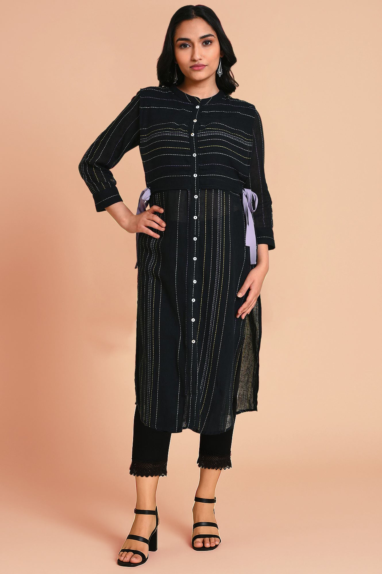 W for Woman Black Abstract Printed Cotton Flax Straight Kurta with Slim Pant Set