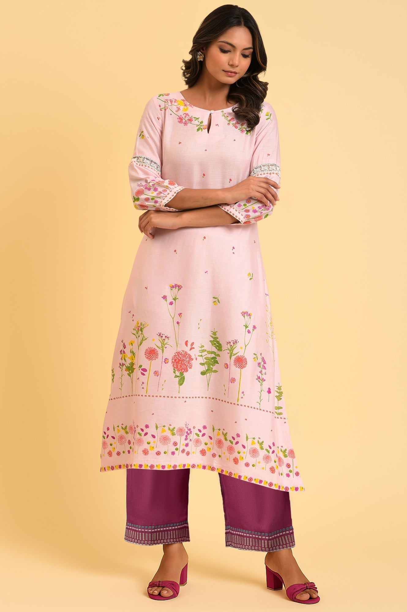 W for Woman Yellow Floral Printed Rayon Flax A-Line Kurta with Slim Pant Set