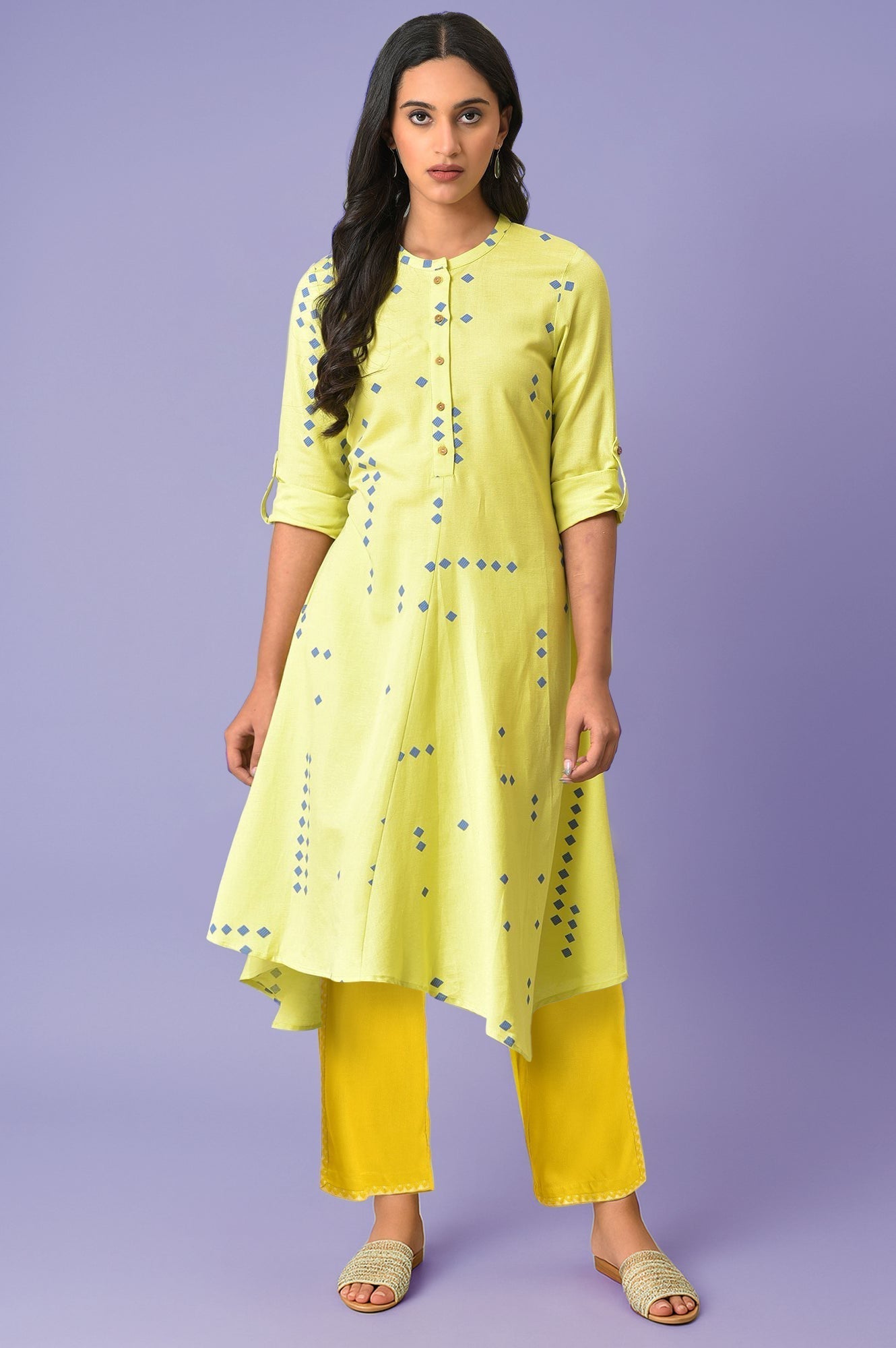 W for Woman Light Green Geometric Printed Rayon Flax Flared Kurta with Straight pant Set
