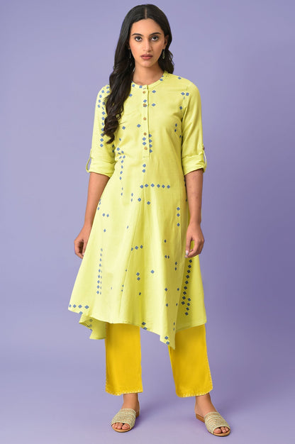 W for Woman Light Green Geometric Printed Rayon Flax Flared Kurta with Straight pant Set