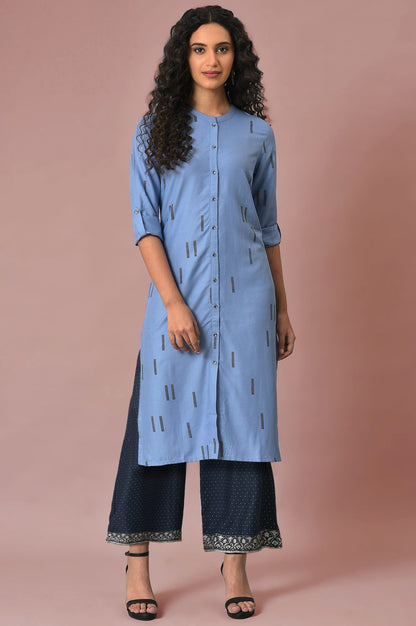 W for Woman Blue Geometric Printed Straight Kurta with Parallel Pant Set