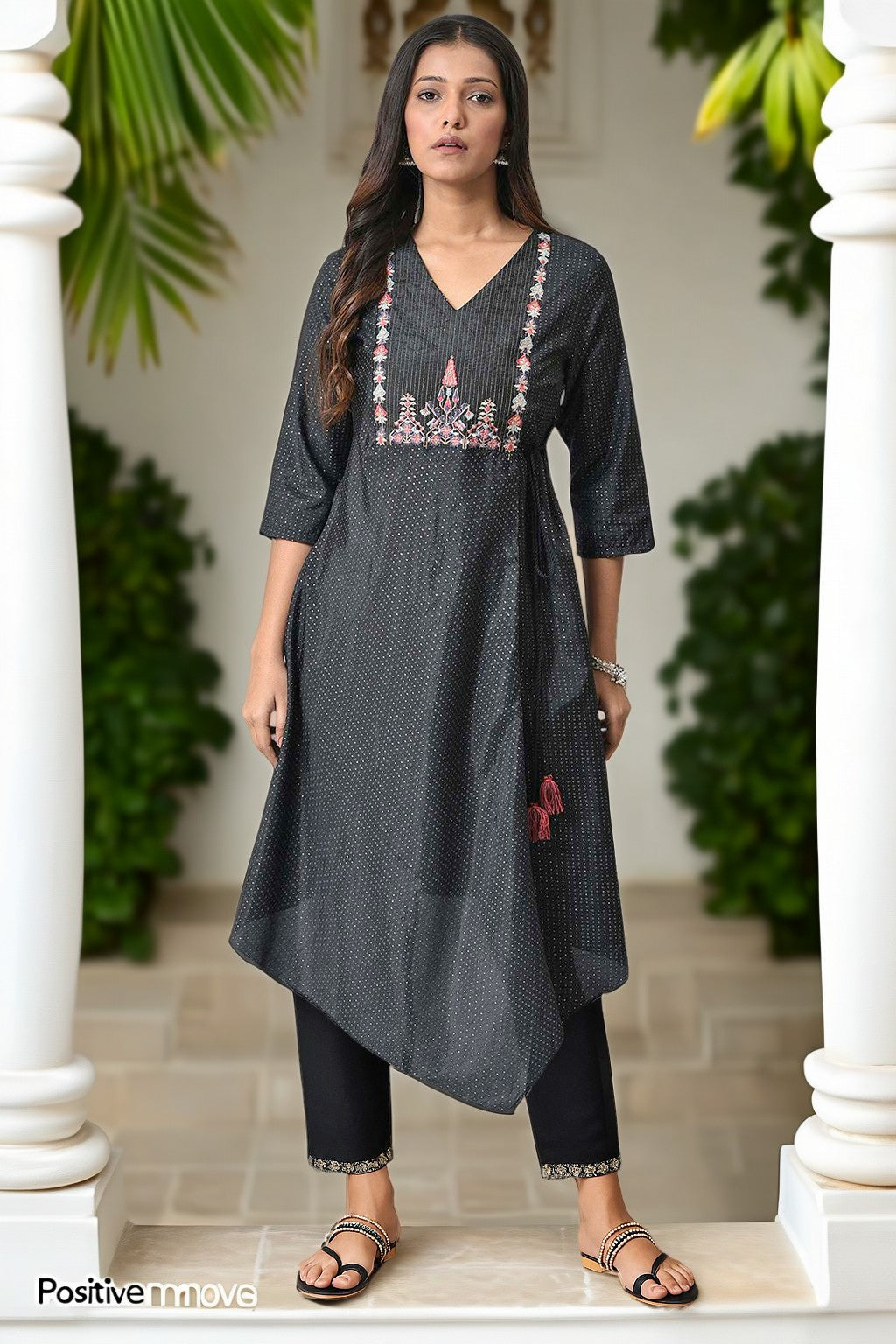 W for Woman Black Thread Embroidery A-line Kurta and Slim Pant Set