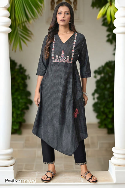 W for Woman Black Thread Embroidery A-line Kurta and Slim Pant Set