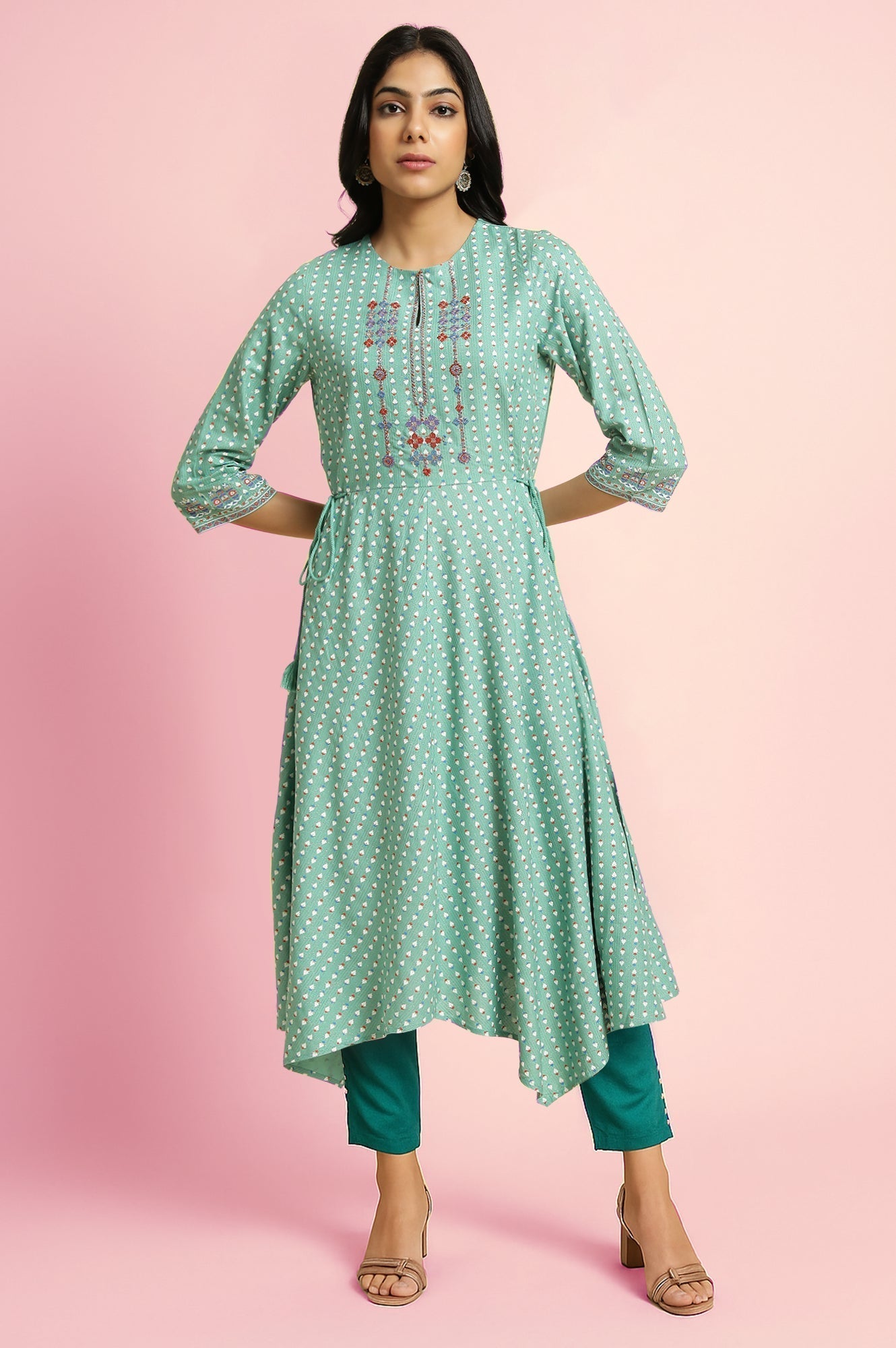 W for Woman Light Green Geometric Printed Flared Kurta with Slim Pant Set