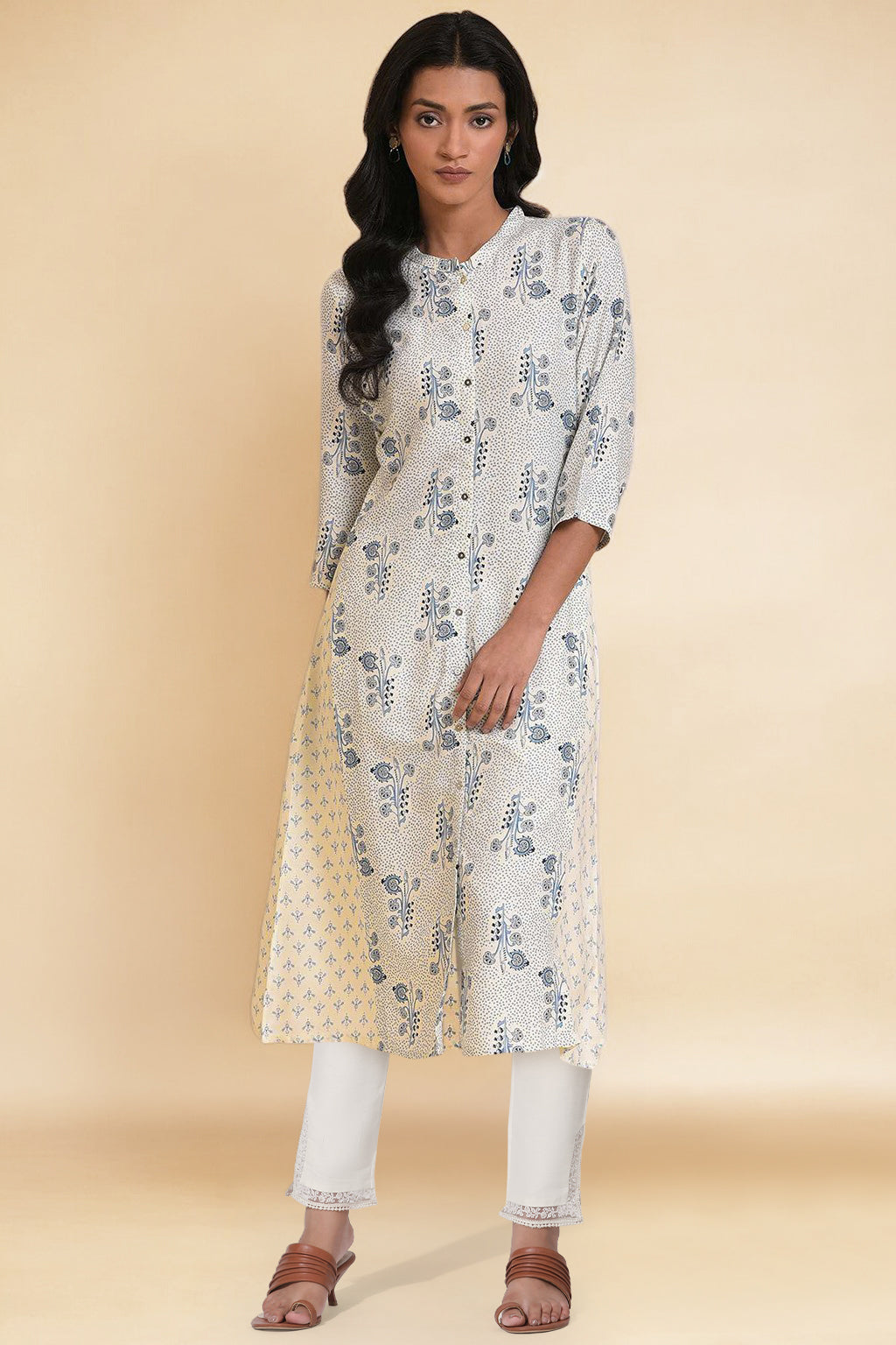 W for Woman Ecru Rayon A-line Kurta and Slim Pant Set