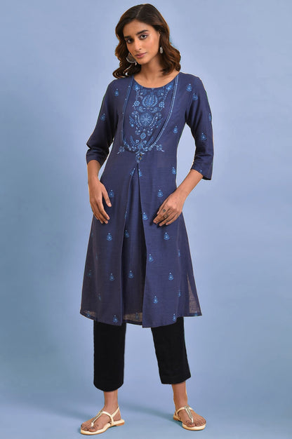 W for Woman Dark Blue Floral Printed Pure Cotton Straight Kurta with Slim Pant Set