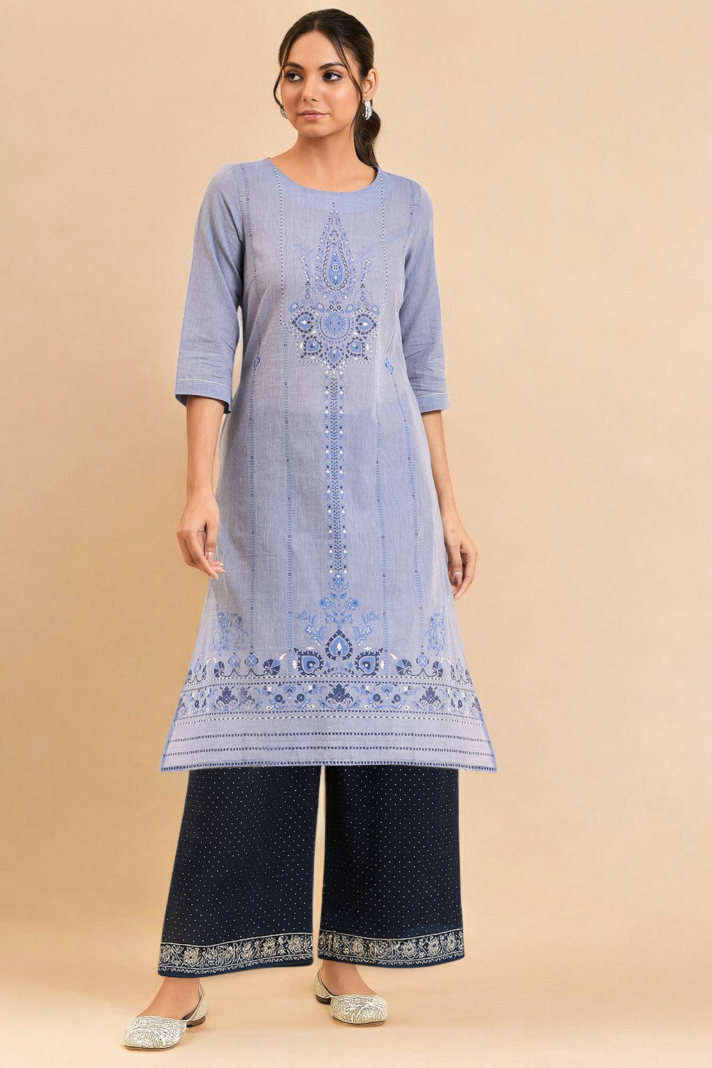 W for Woman Blue Pure Cotton Straight Kurta and Parallel Pant Set