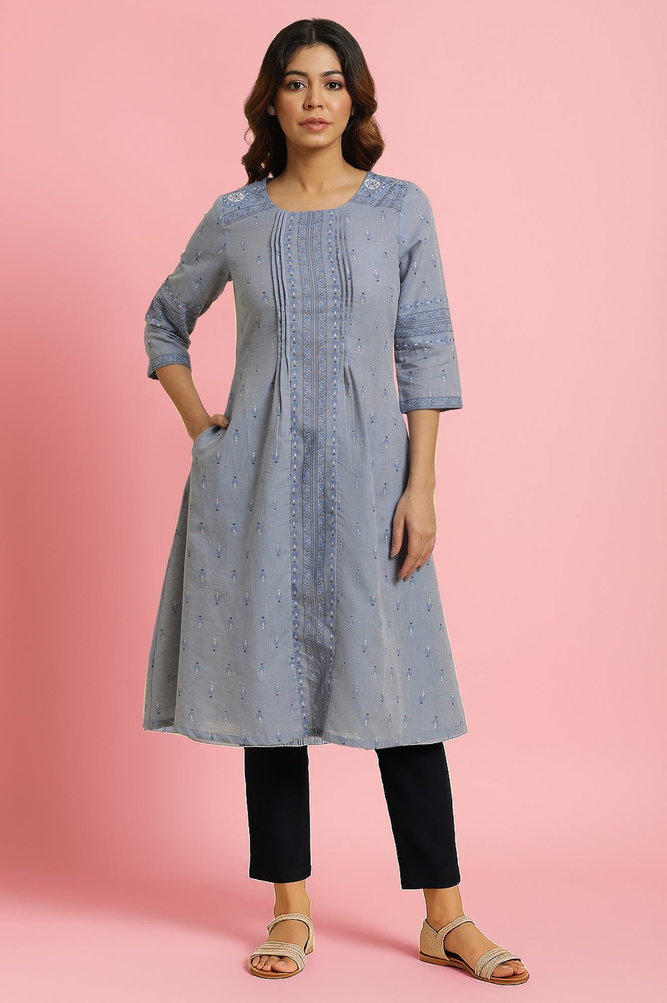 W for Woman Frost Blue Floral Printed Pure Cotton A-line Kurta with Slim Pant Set