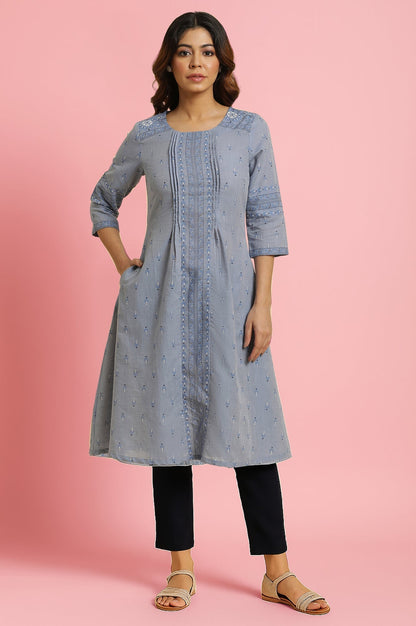 W for Woman Frost Blue Floral Printed Pure Cotton A-line Kurta with Slim Pant Set