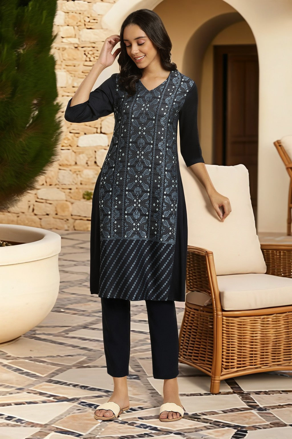 W for Woman Blue Rayon Flared Kurta and Slim Pant Set