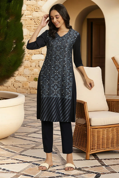 W for Woman Blue Rayon Flared Kurta and Slim Pant Set