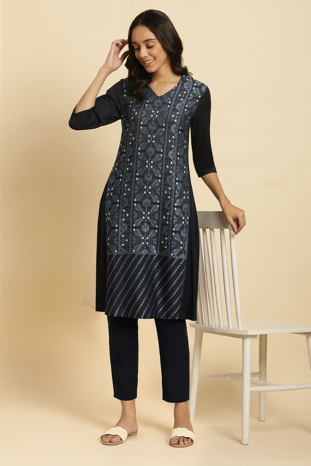 W for Woman Blue Rayon Flared Kurta and Slim Pant Set