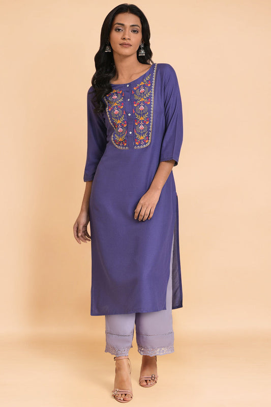 W for Woman Purple Thread Embroidery Straight Kurta and Parallel Pant Set