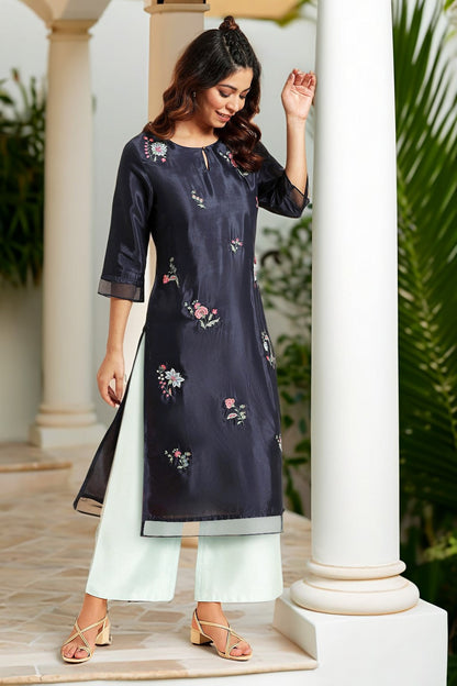 W for Woman Navy Blue Thread Work Straight Kurta and Parallel Pant Set