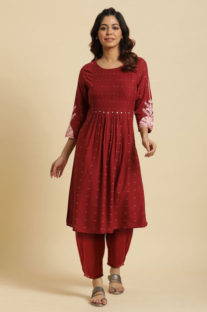 W for Woman Maroon Geometric Printed Flared Kurta with Straight Pant Set