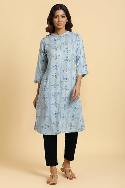 W for Woman Blue Geometric Printed Straight Kurta with Slim Pant Set