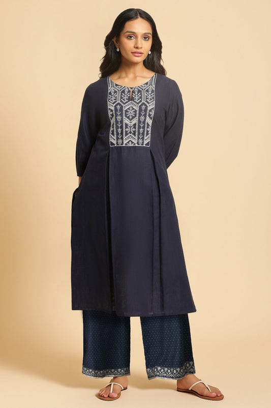 W for Woman Blue Solid Printed Pure Cotton Straight Kurta with Parallel Pant Set