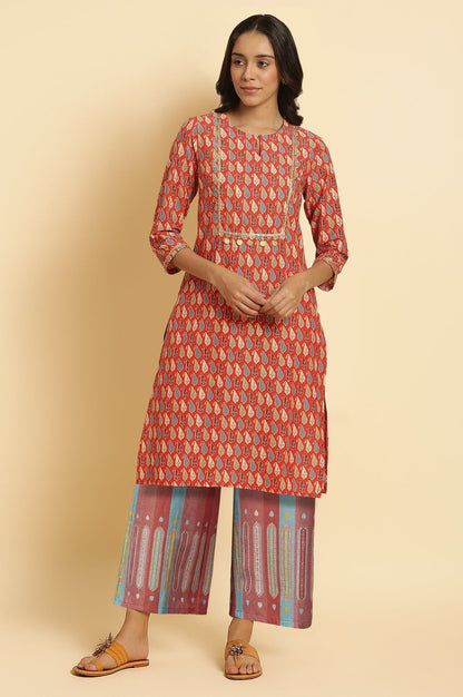 W for Woman Orange Geometric Printed Shantung Straight Kurta with Parallel Pant Set