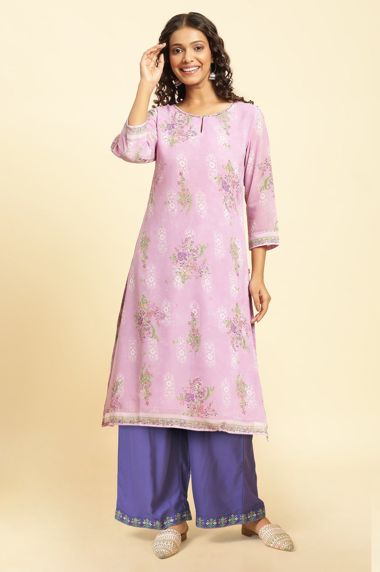 W for Woman Purple Floral Printed Sequins Georgette Straight Kurta and Parallel Pant Set