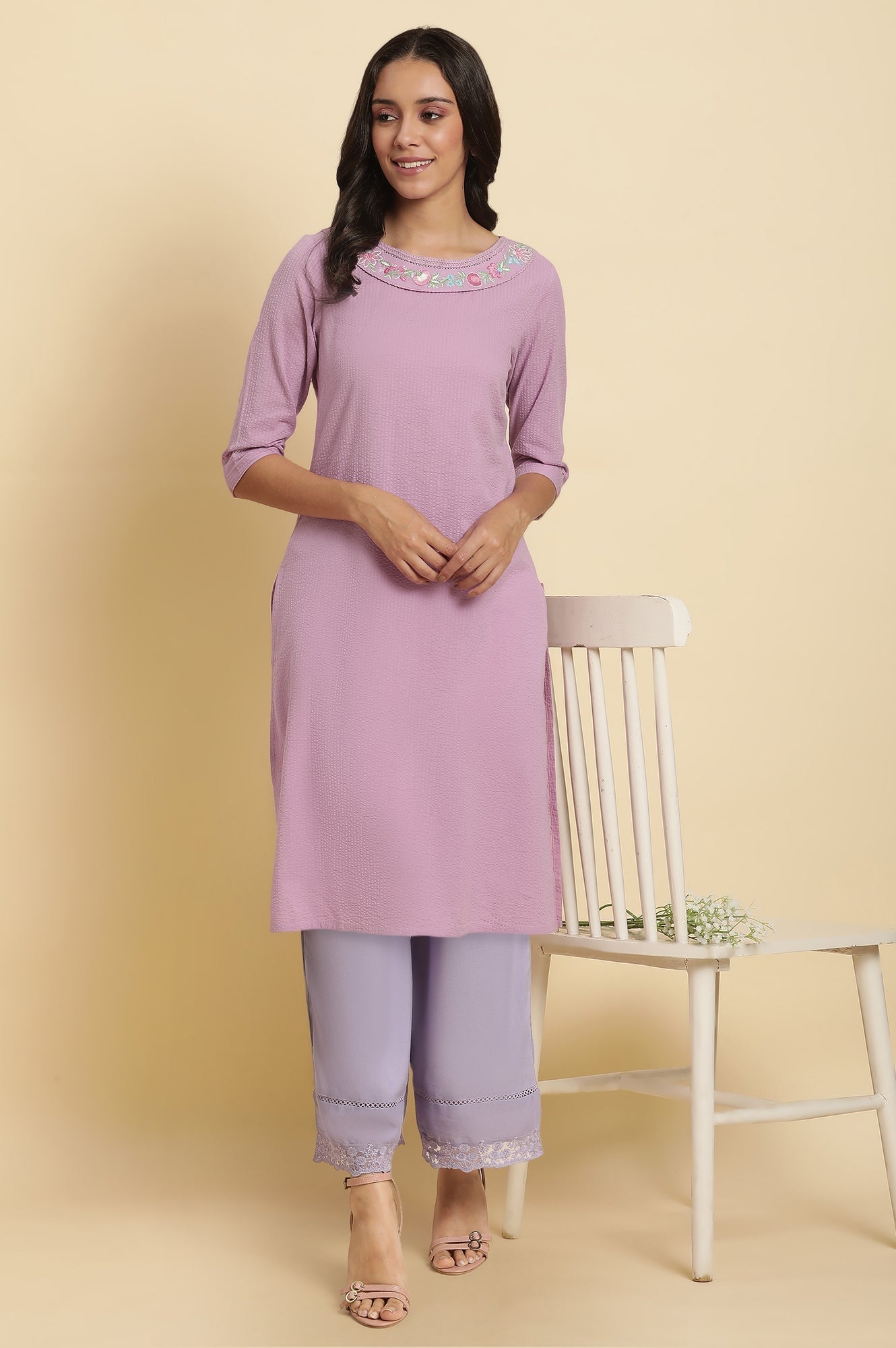 W for Woman Purple Solid Thread Work Seer Sucker Straight Kurta and Parallel Pant Set