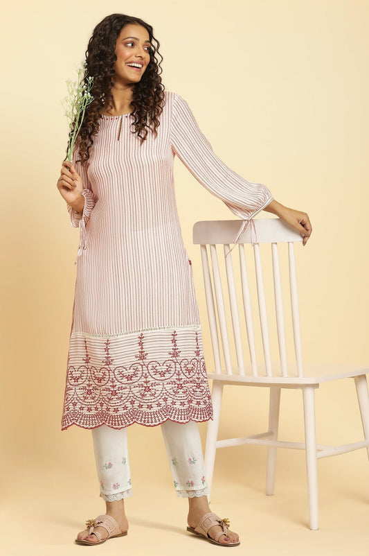 W for Woman White Striped Schiffli Rayon Dobby Straight Kurta and Slim Pant Set